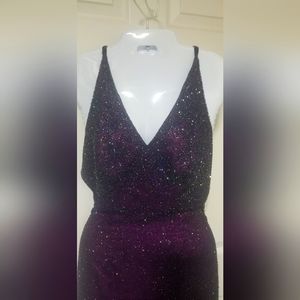 Beaded gown, fuschia with black beaded overlay, appears deep purple